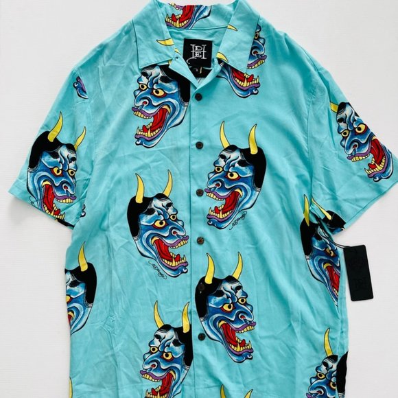 Ed Hardy Devil Face Button Down Camp Shirt Aqua - Picture 2 of 4